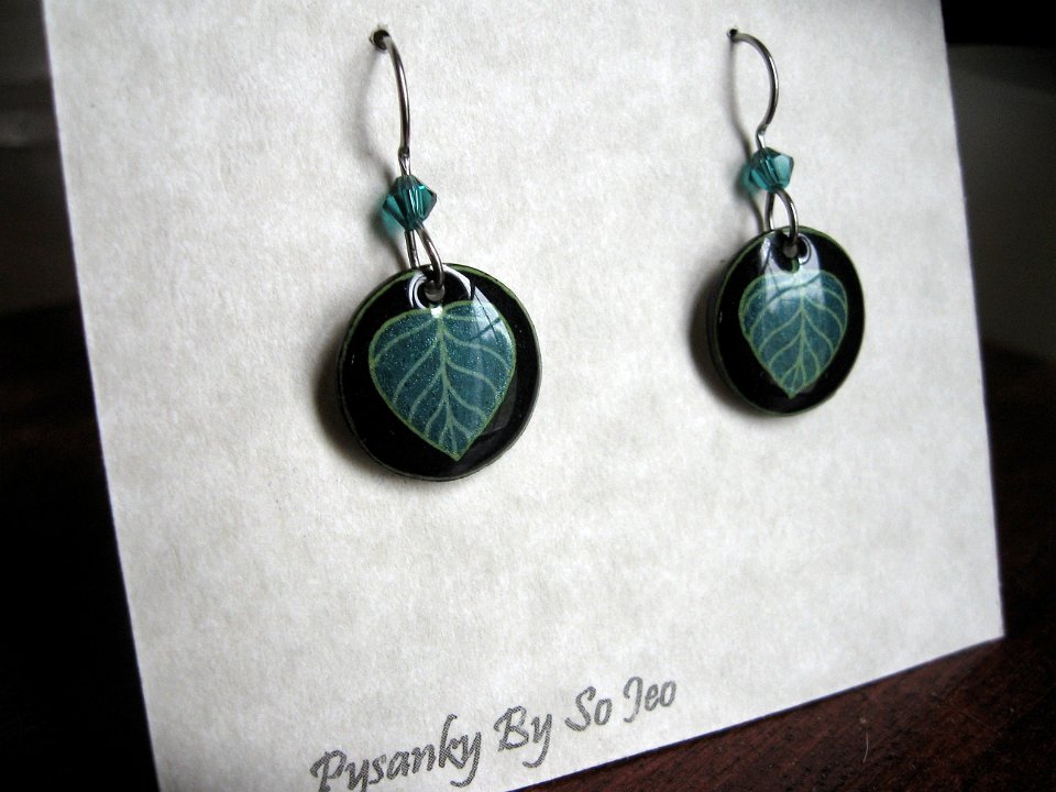 Little Black & Green Poplar Leaves Earrings Pysanky Jewelry by So Jeo